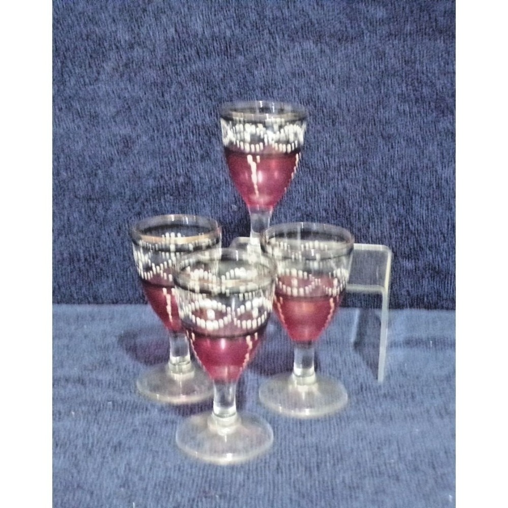 Vintage Handpainted Cordial Glasses 4" Tall 2 Ounces‎ Set of 4 Pink White Clear